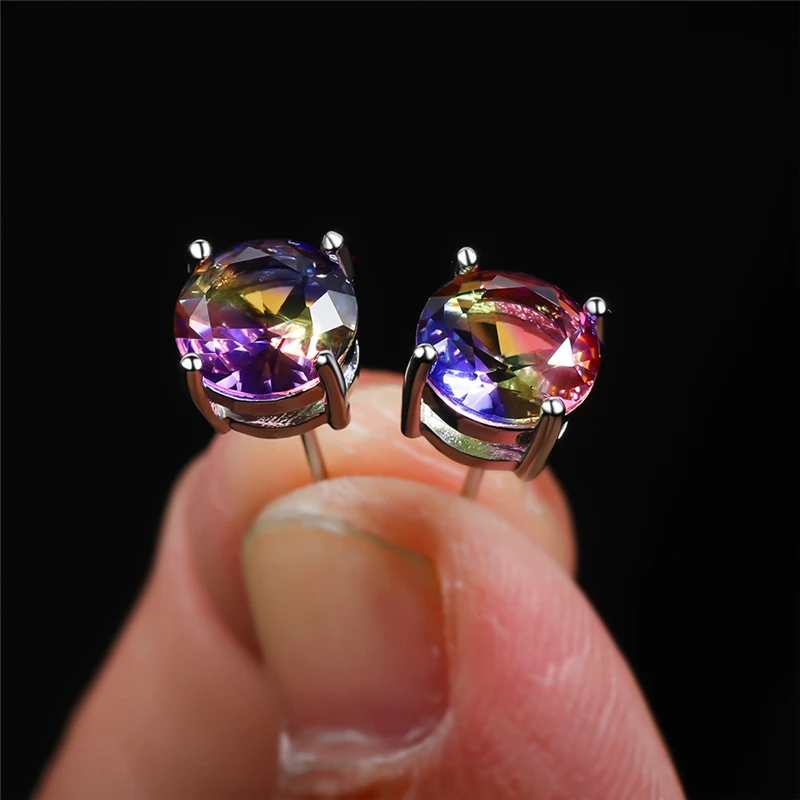 Luxury Female Crystal Rainbow Zircon Stone Round Stud Earrings Vintage Silver Color Wedding Fashion Jewelry For Women