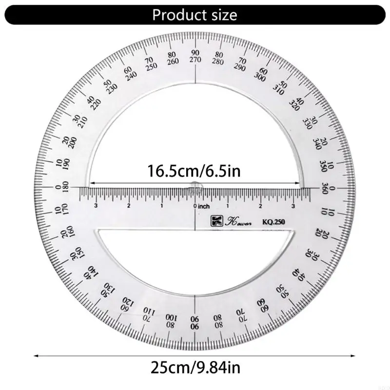 62CD Round Protractor Ruler Circle Protractor 25cm Plastic Math Measuring Tool Full Center for School