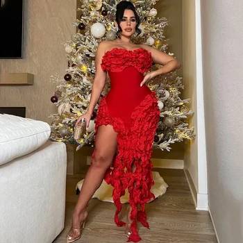 Elegant Ruffles Tassel Birthday Dress for Women 2024 Night Party Celebrity Irregular Strapless Sleeveless Evening Long Dresses 1