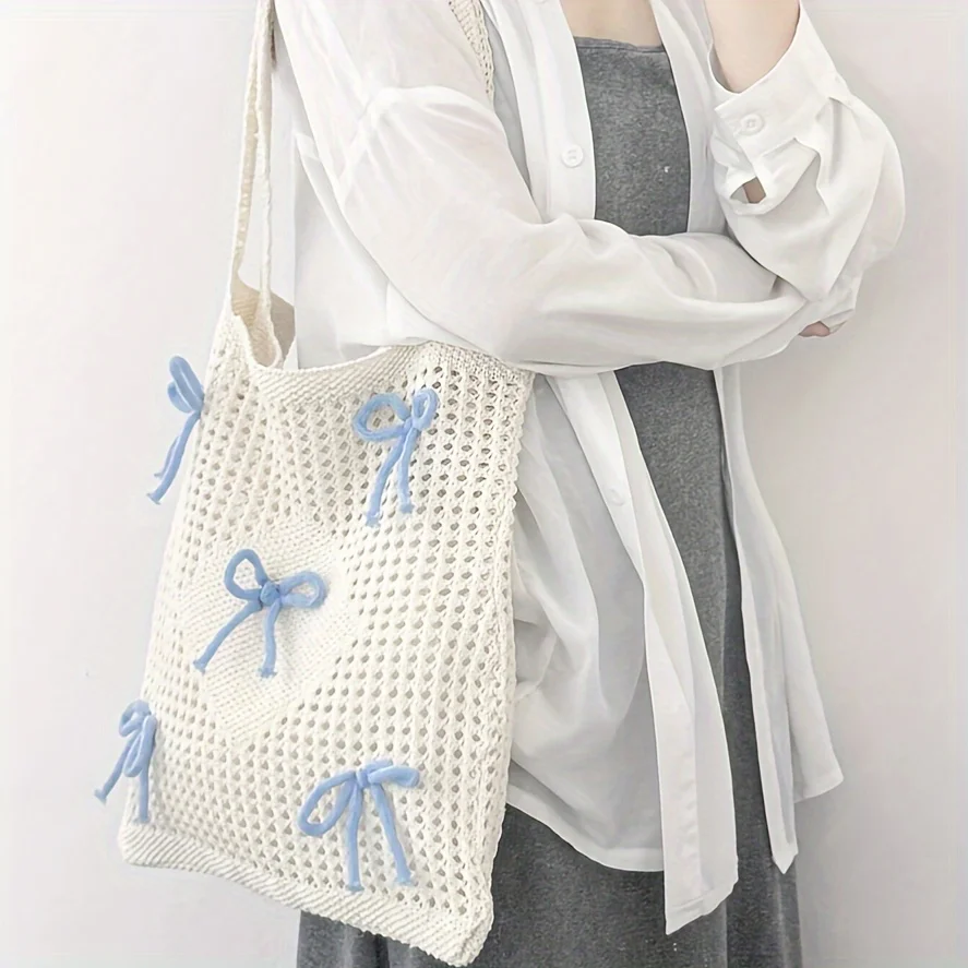 Preppy Style Crochet Tote Bag with Butterfly Accents, Solid Color Polyester Shoulder Bag, Foldable Fashion Beach Bag