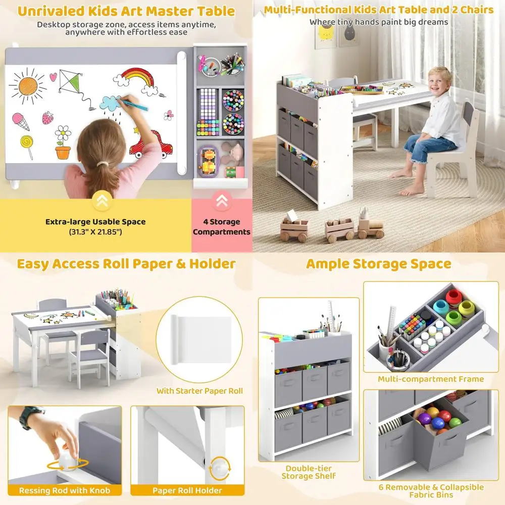 19882-e81ca0.jpg Children's Wooden Art Table and Chair Set with Storage and Paper Roll for Play, Learning, and Reading