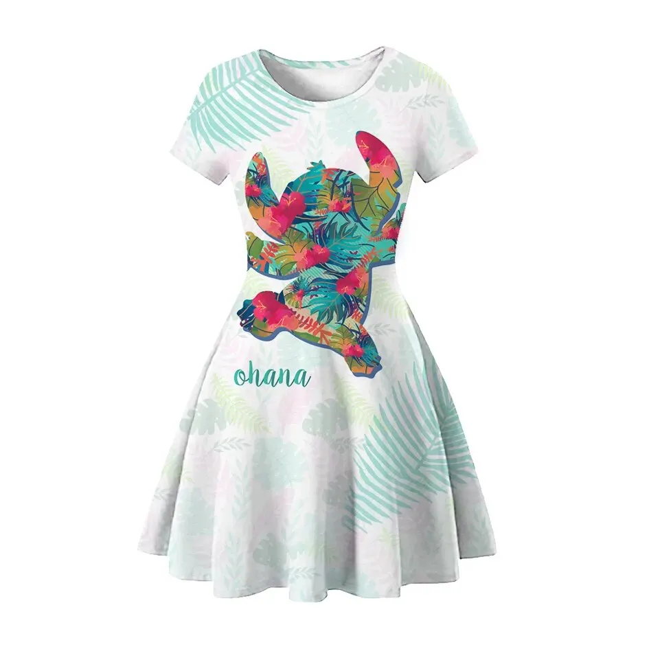 Girls Dress Disney Stitch Children's 3D Cartoon Pattern Cute Girl Summer Short-sleeved Dress