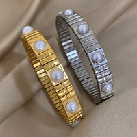 Imitation Pearls Elasticity Bracelets Stainless Steel Elastic Scalable Bangles for Women Cuff Wristband Waterproof Jewelry 1