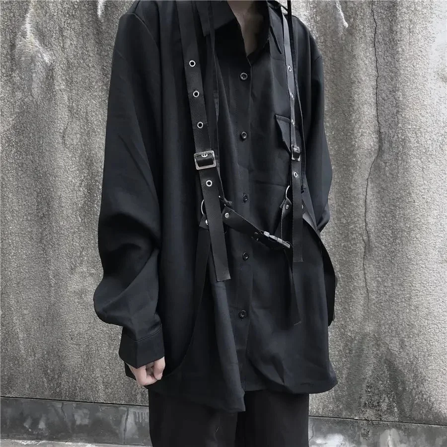 HOUZHOU Techwear Pant Sets Men Punk 3 piece outfits Black Cargo Pants Long Sleeve Shirts Korean Streetwear Hip Hop Spring 4