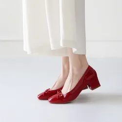 Women Pumps French Romantic Vitage Cow Patent Leather Round Toe Bow-knot Sweet Ballet Shoes Med Heels Slip on Lady Shoes Size43