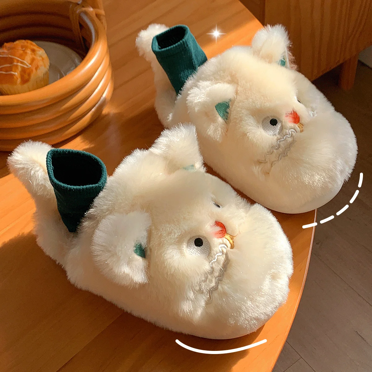 Cute Monster Thick Sole Plush Slippers For Women Thick Sole Heels Man Slipper Non Slip And Warm Plush Headed Cotton Slipper