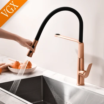 ก๊อกน้ำ VGX แบบแปรงขัดเงา ก๊อกน้ำอ่างล้างจานแบบดึงลงได้ หัวฉีดน้ำแบบสเปรย์ หมุนได้ ก๊อกผสมน้ำร้อนน้ำเย็น สีทอง 1