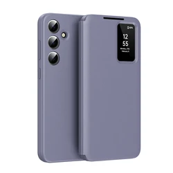 Original Leather Wallet Card Pocket Flip Case with Wake Up/Sleep Smart Display and Clear Window Cover - Galaxy A17 (PURPLE)