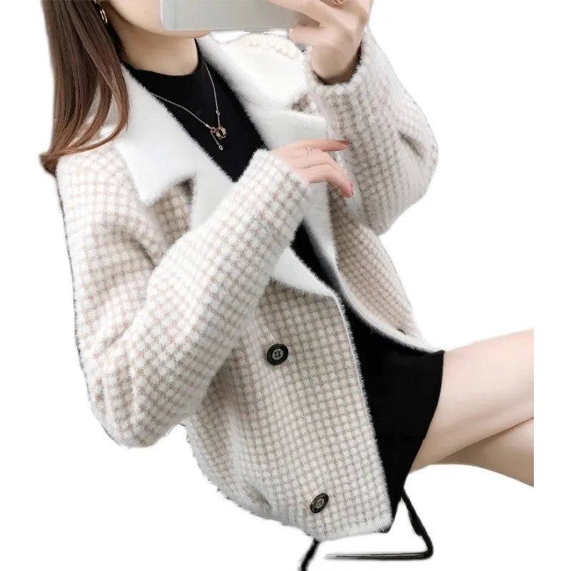

Autumn Winter Mink Fur Coat Women 2024 New Fashion Color Match Jacket Short Warm Clothes Female Knitted Cardigan Sweater W007