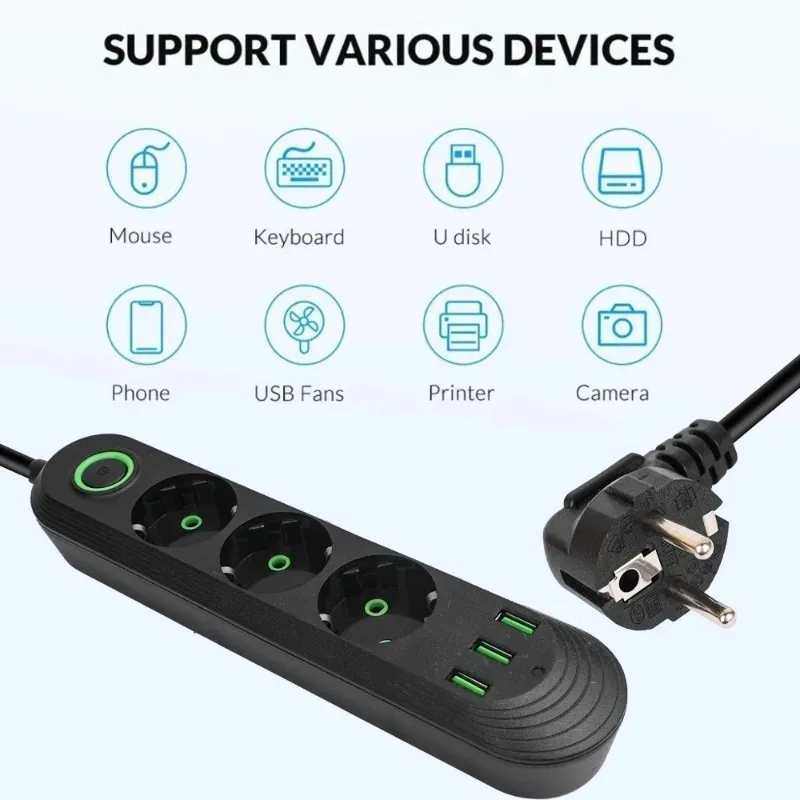 EU Plug AC Outlet 2500W Multiports Power Strip AC Outlet with 3USB Port 2m Extension Cable Round Pin Electrical Charger Adapter 2