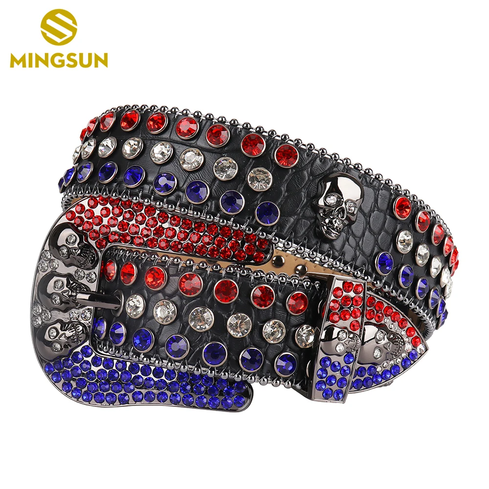 Black Skull Head Leather Belts Unisex Western Cowboy Cowgirl Rhinestone Belt for Jeans Pants Dress Designer Belt for Men Women