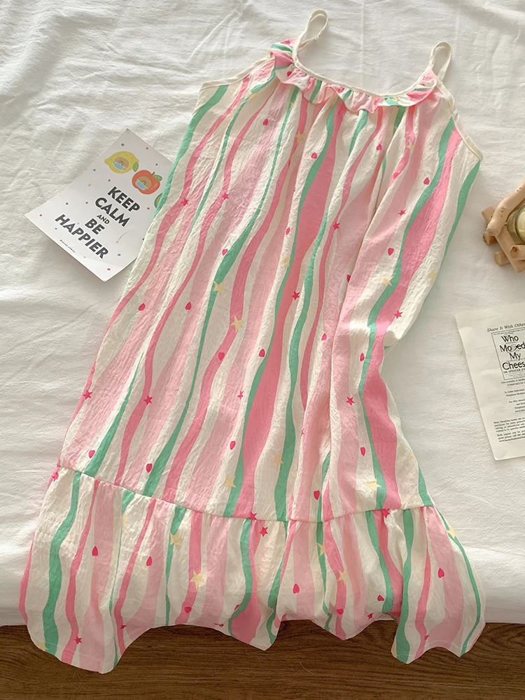 Women's Pink Striped Suspender Pajamas Summer New Sleeveless Love Print Nightgown Korean Leisure Loose Thin Female Home Wear