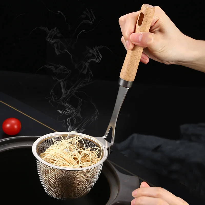 

Stainless Steel Hangable Hot Pot Colander with Wooden Handle Food Skimmer Noodle Drainer Frying Basket Strainer Kitchen Cooking