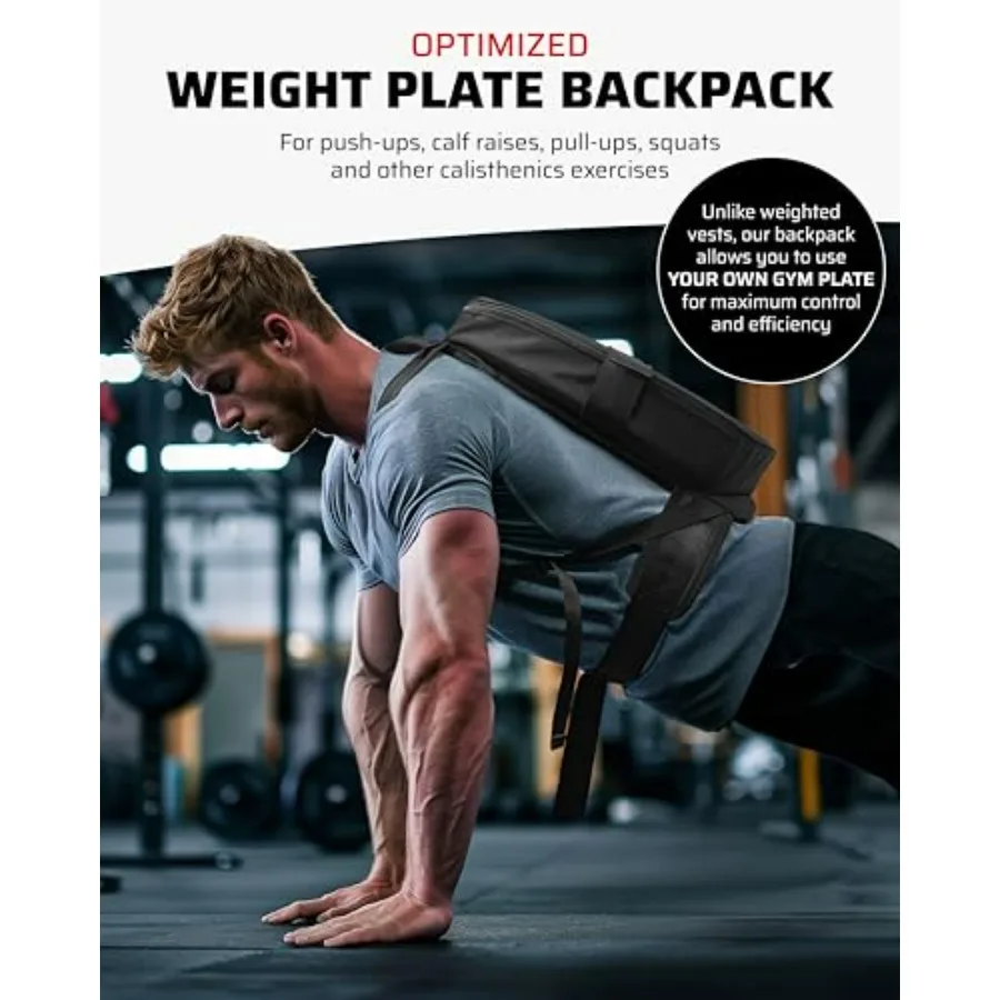 Weighted Backpack for Gym Weight Plate - for Pushups, Calf Raises, Squats, Wear on Back or Front, Fits Up to 17.5” Diameter, 2.5