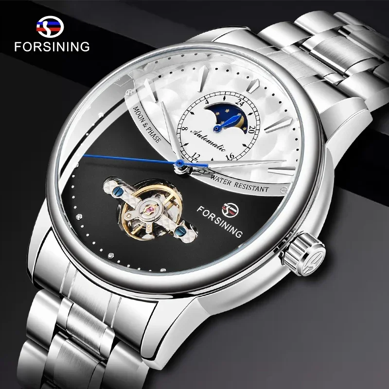 FORSINING Business Herren Automatikuhr Uhr Mondphase Tourbillon Wasserdicht Mechanische Stahlband Armbanduhr Relogio_voghion.com