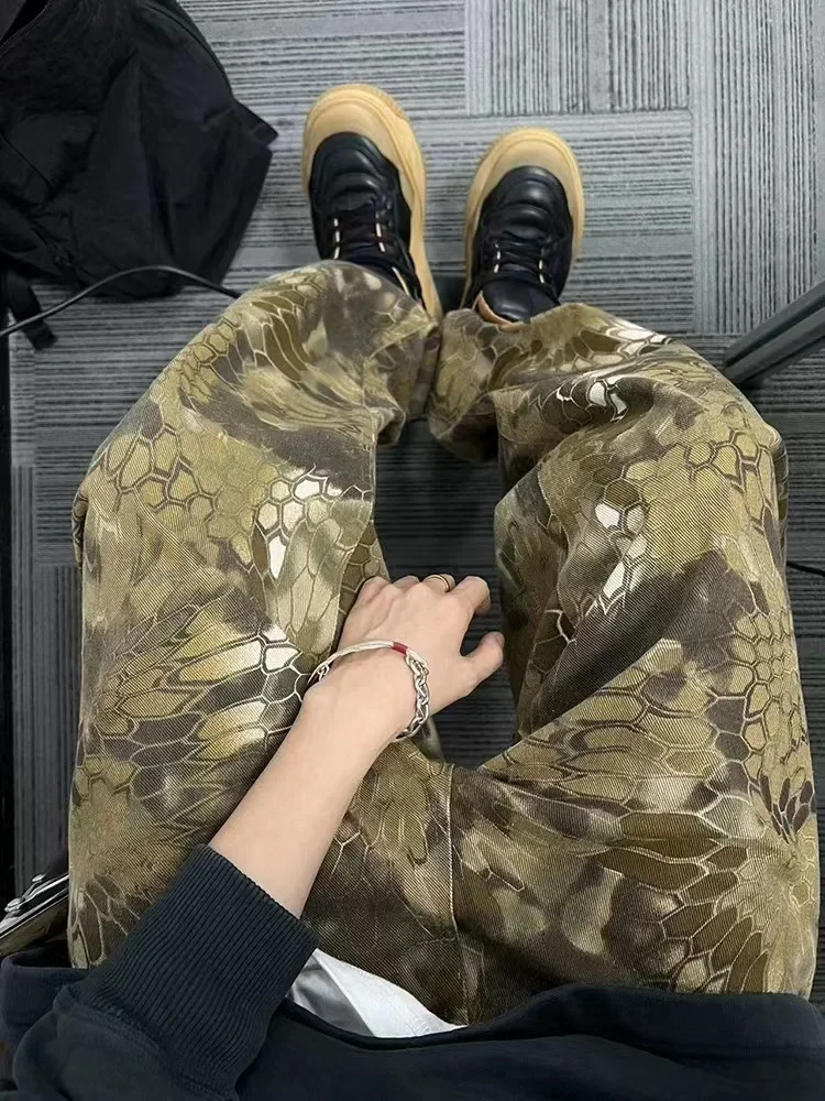 Snake Print Camouflage Pants for Men Wide Leg Jeans Demin Trousers Male Streetwear Hip Hop Vintage Clothes Casual 5
