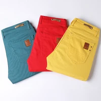 Fashion Straight Stretch Denim Pants Solid New Men's Slim Jeans Solid Yellow Red Green Blue Business Casual Classic Trousers 1