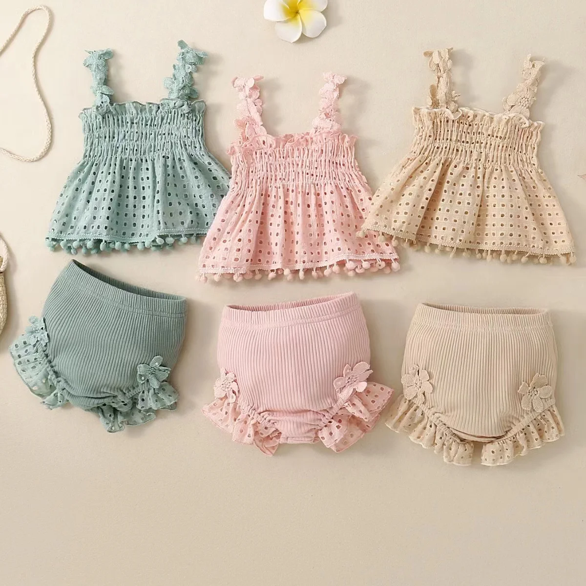 Kids Clothes Set 2PCS Baby Girl Summer Flower Sling Harness Triangle Crawling Suit