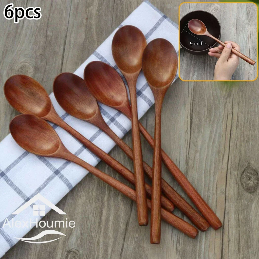 6 pezzi cucchiaio di legno cucina di bambù stile coreano 9 ''pollici zuppa  di legno naturale stoviglie cottura miele cucchiaino da caffè cucchiaio di  miscelazione