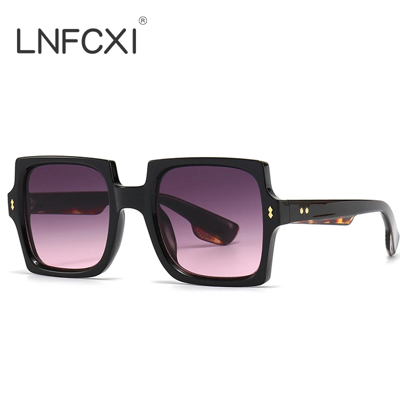 

LNFCXI New Retro Big Square Sunglasses Women Rivets Punk Tea Gradient Shades UV400 Fashion Men Oversized Trending Sun Glasses