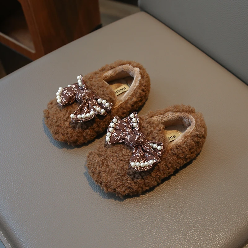 

New Winter Baby Bow Tie Fur New Kids Slippers Warm Plush Indoor Autumn Non-Slip Soft Plush Slipper For Children Girls