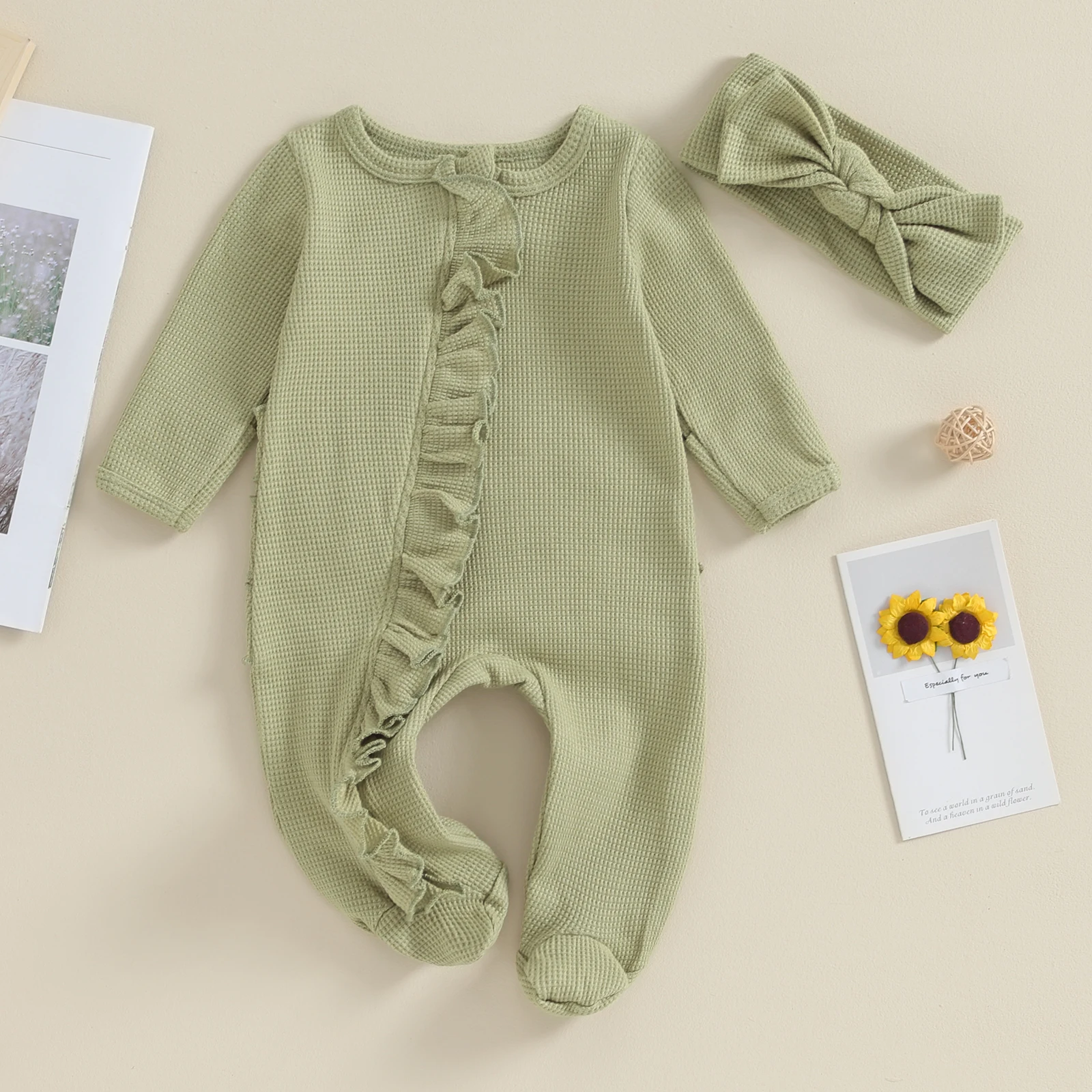 0-6M Neonato Footies Tuta con fascia Ragazze Ragazzi Abbigliamento Infantile Tinta unita Manica lunga Volant Pagliaccetto Abiti - immagine 5