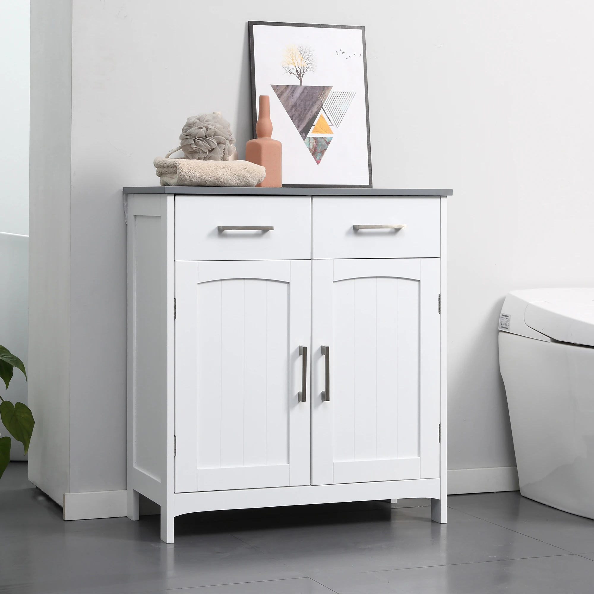 Kleankin Bathroom Floor Cabinet, Freestanding Linen Cabinet, Storage Cabinet with 2 Drawers, Double Doors, Adjustable Shelf 2