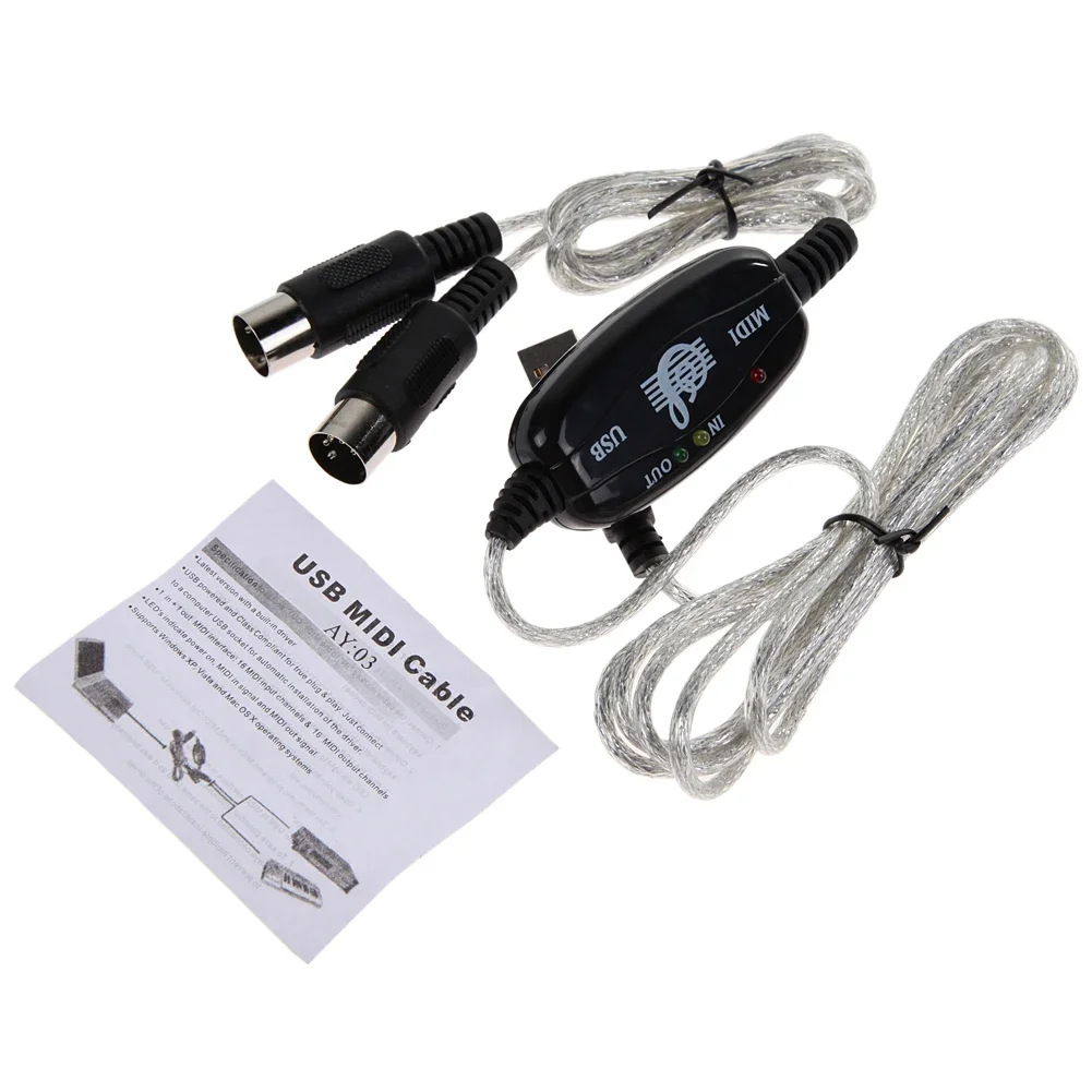 1 PC USB To MIDI Cable Converter PC To Synthesizer Music Studio Keyboard Interface USB Cable IN-OUT MIDI Converter Adapter Cord