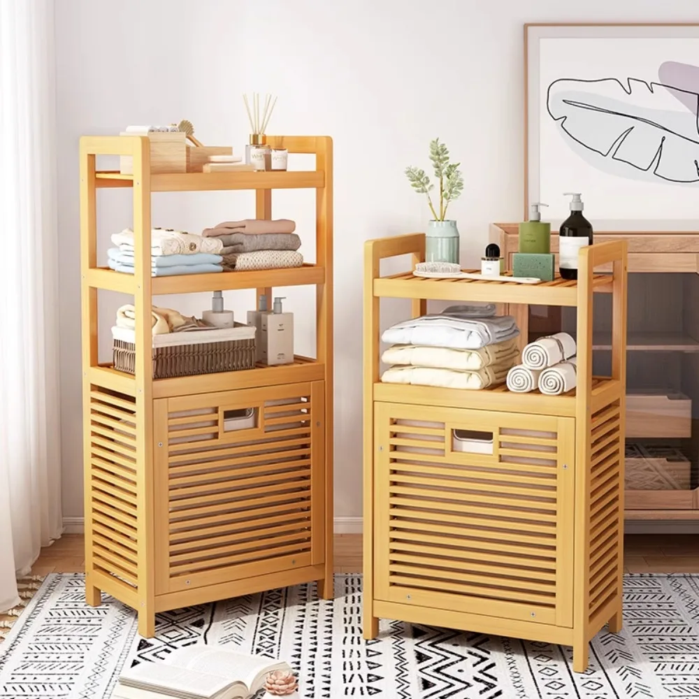 Laundry Hamper Bathroom Rack Multi-function Bamboo Laundry Baskets With Shelf With Tilt Out Basket Wooden Storage Hamper Rack