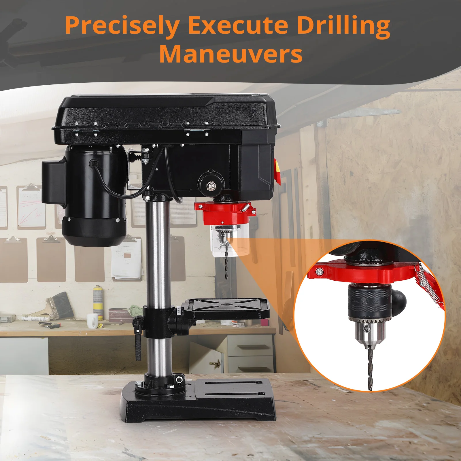 Benchtop Drill Press, 2.5Amp Benchtop Drill Machine with 5 Speed Adjustable, 8 Inch Swing Distance 0-45° Tiltling Tabletop 4