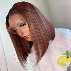 Sleek Short Bob Human Hair Wigs For Women 4 Brown Highlight Brazilian Hair Wigs 13*5*2 Lace Front Wigs Ombre Straight Wigs