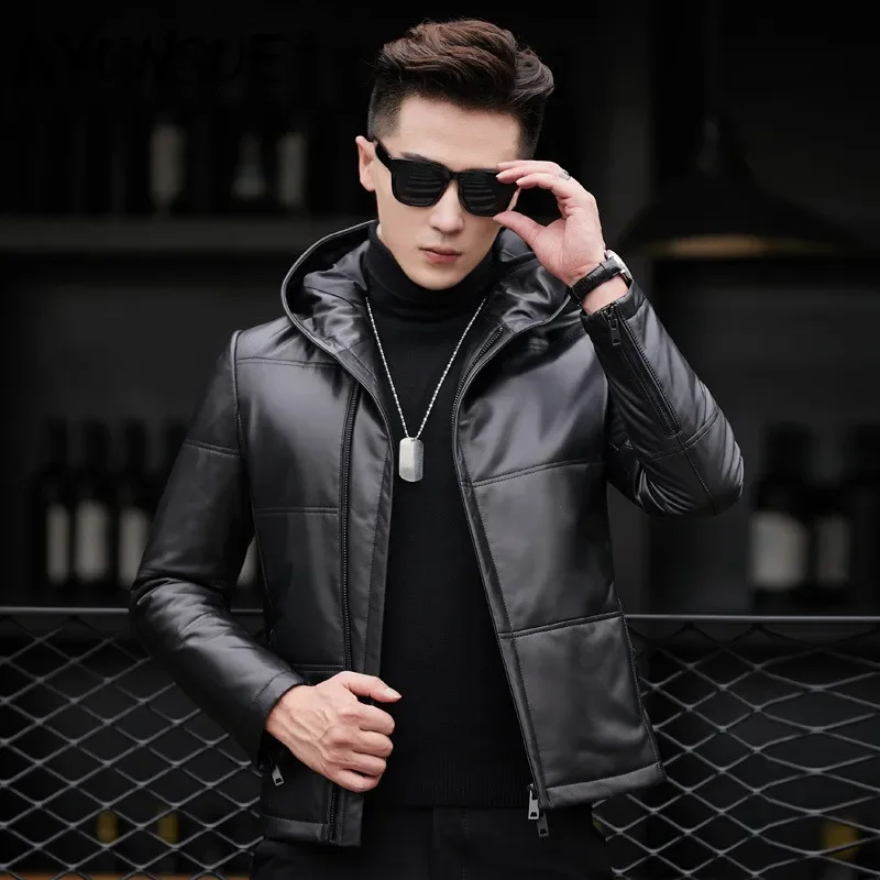 

AYUNSUE Men's Leather Jacket Winter Genuine Leather Jacket Men Hooded Sheepskin Down Coat Chaqueta Cuero Hombre 81XYR0029 YY262