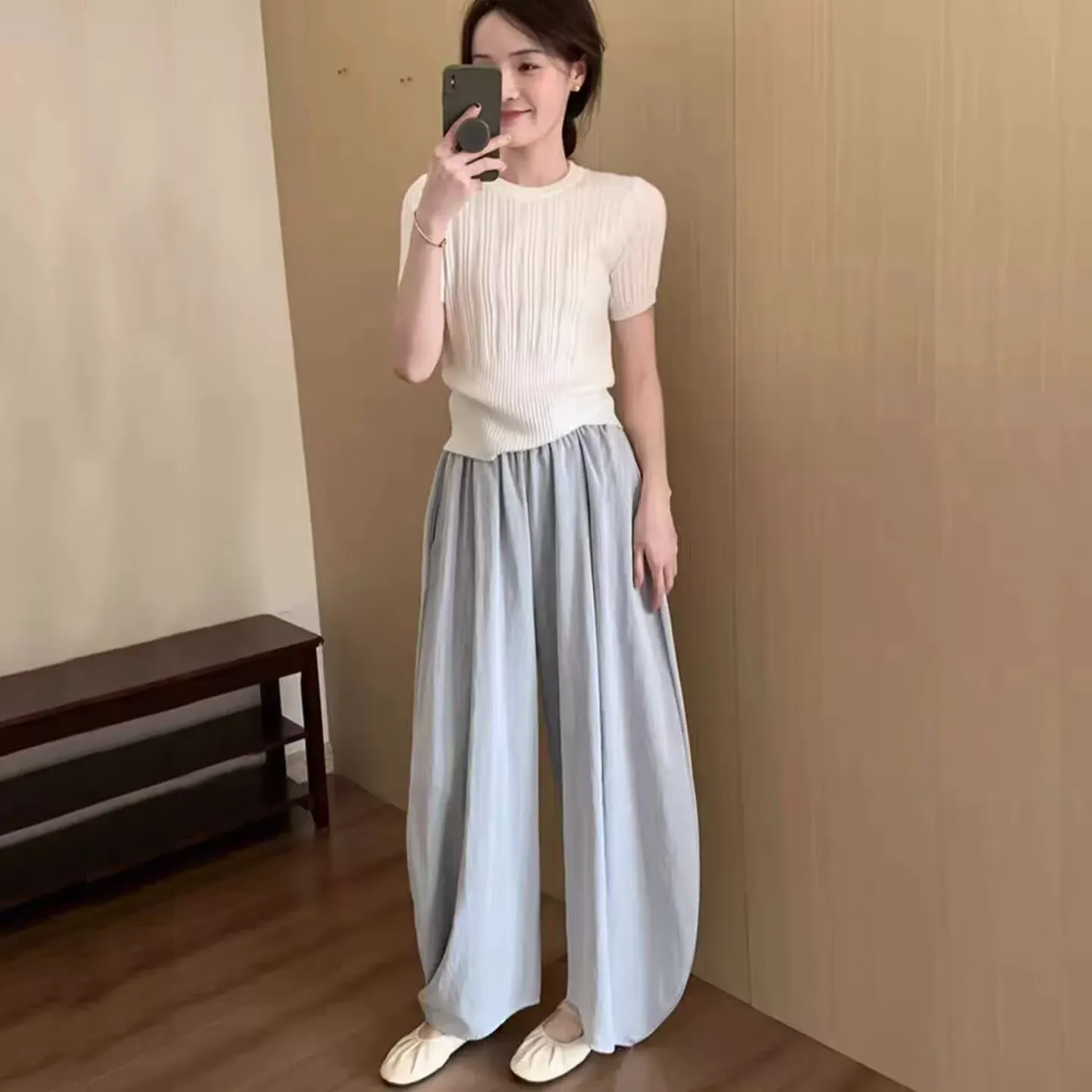 임산부 와이드 레그 팬츠 여름 얇은 루즈핏 편안한 배가 보이지 않는 9부 슬리밍 나이프 팬츠 면 폴리에스터