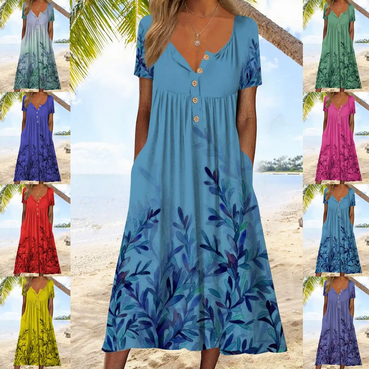

2024 Spring Floral Crewneck Shift Dress Women Short Sleeve Casual Dress Mid-Calf V-Neck Single Breasted Dress for Summer Beach
