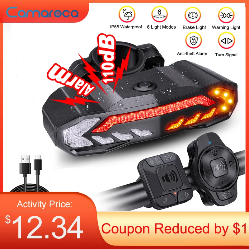 Camaroca New Wireless Bicycle Alarm Rear Tail Light With Turn Signal