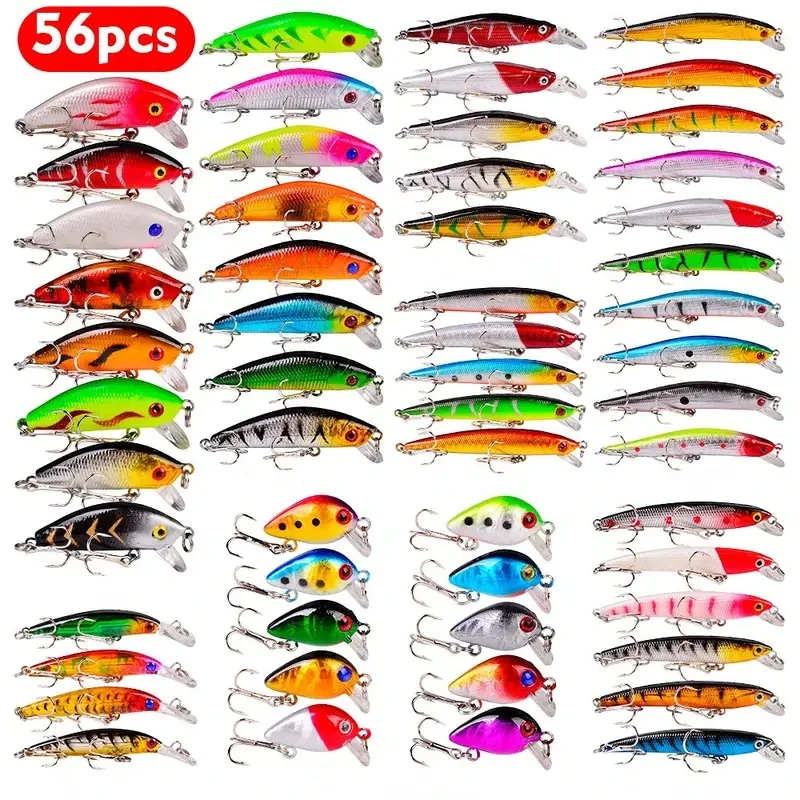 56pcs/lot Almighty Mixed Fishing Lure Bait Set With Hooks, Wobbler