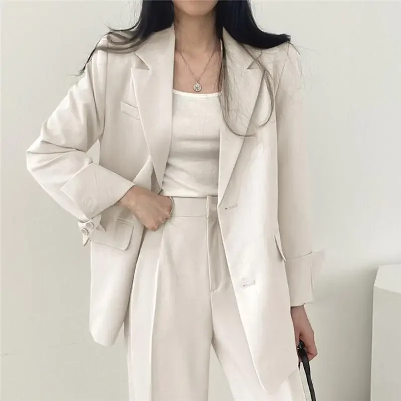 DAYIFUN-Chic Long Sleeve Blazers for Women Suits Coats and High Waist Pants Sets Office Lady Buttons Loose Blazer or Trousers