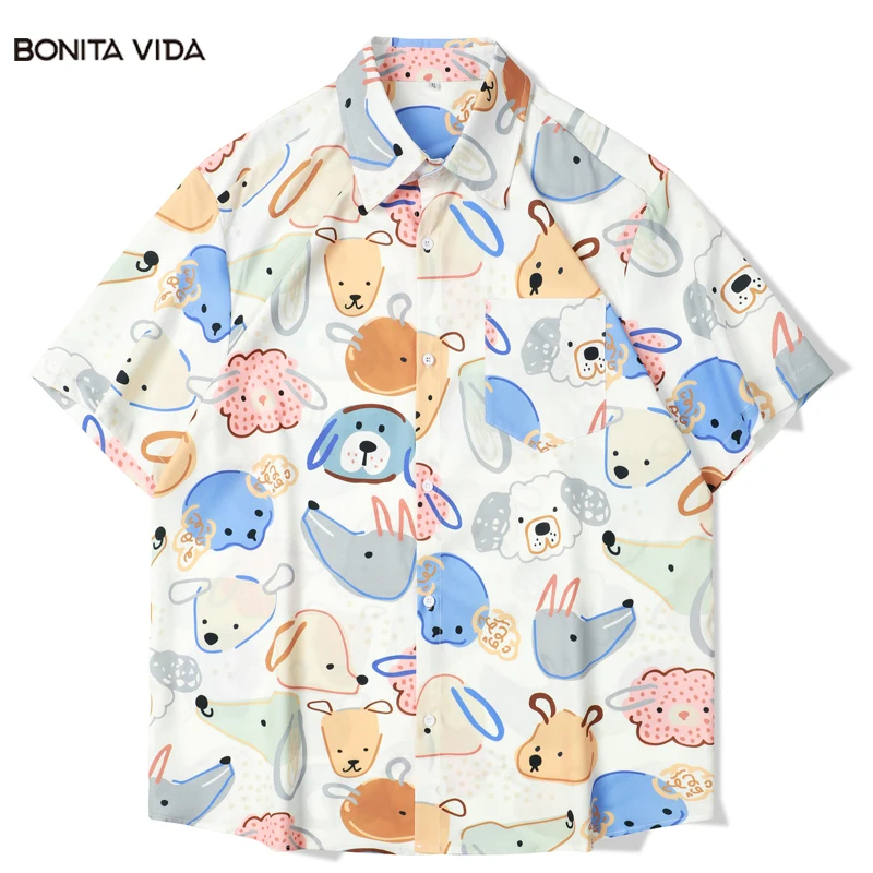 

Hawaiian Shirt Streetwear Hip Hop Graffiti Cartoon Dog Sheep Graphic Print Summer Beach Shirts Harajuku Short Sleeve Button Tops