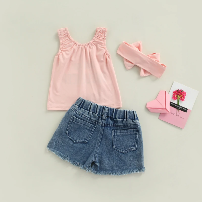 Girl Clothes Set 3PCS Letter Sleeveless Top Denim Shorts Suit Girl Outfits Baby Children Clothing for Kid Cute Toddler Outfit 3