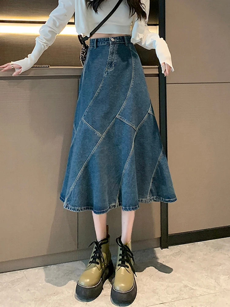 

Summer Vintage Blue Women Denim Trumpet Skirt Streetwear Style Casual Irregular High Waist Ladies Long Mermaid Jean Skirt 2023