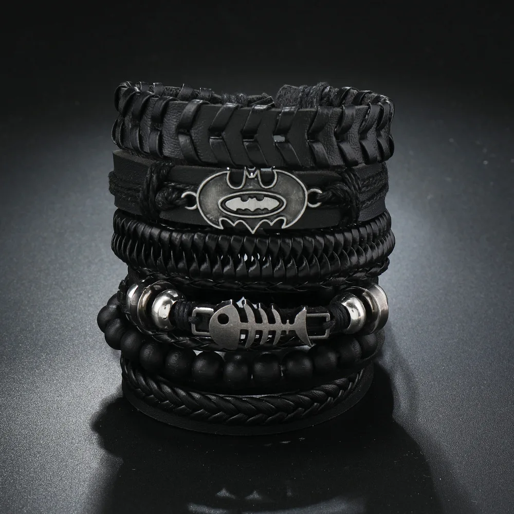 Trendy Vintage Leather Braided Bracelets For Men Punk Style Woven Retro Fish Bone Bat Leather Bracelets Gifts