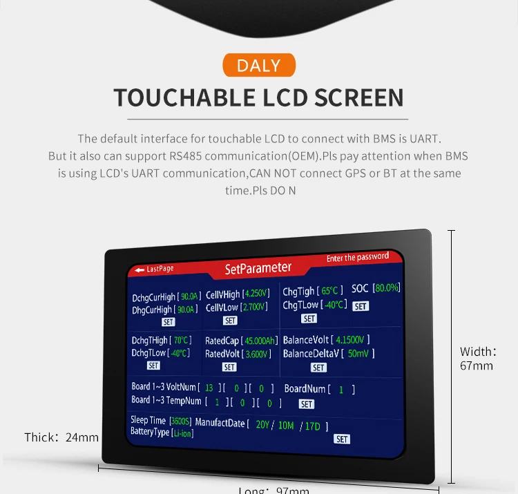 DALY Smart BMS LCD Touchable Screen For 4S 7S 8S 10S 12S 13S 14S 15S 16S 17S 20S 24S 32S Lithium Li-ion LiFePO4 LTO Battery BMS