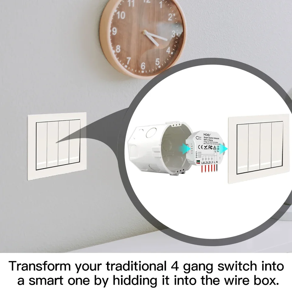 Set Da 4 Moduli Interruttore Intelligente WLAN 2,4 GHz, Mini 4x4x2 Cm Con Ingresso AC 100-240V, Compatibile Con Alexa E Google Home Via Smart Life/Tuya