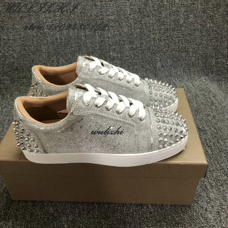 Flat Rivet Silver Casual Shoes Women Clutch Design Crystal Sneakers Luxurious Round Concise Couple Metallic Glitter Lace Up Shoe 4