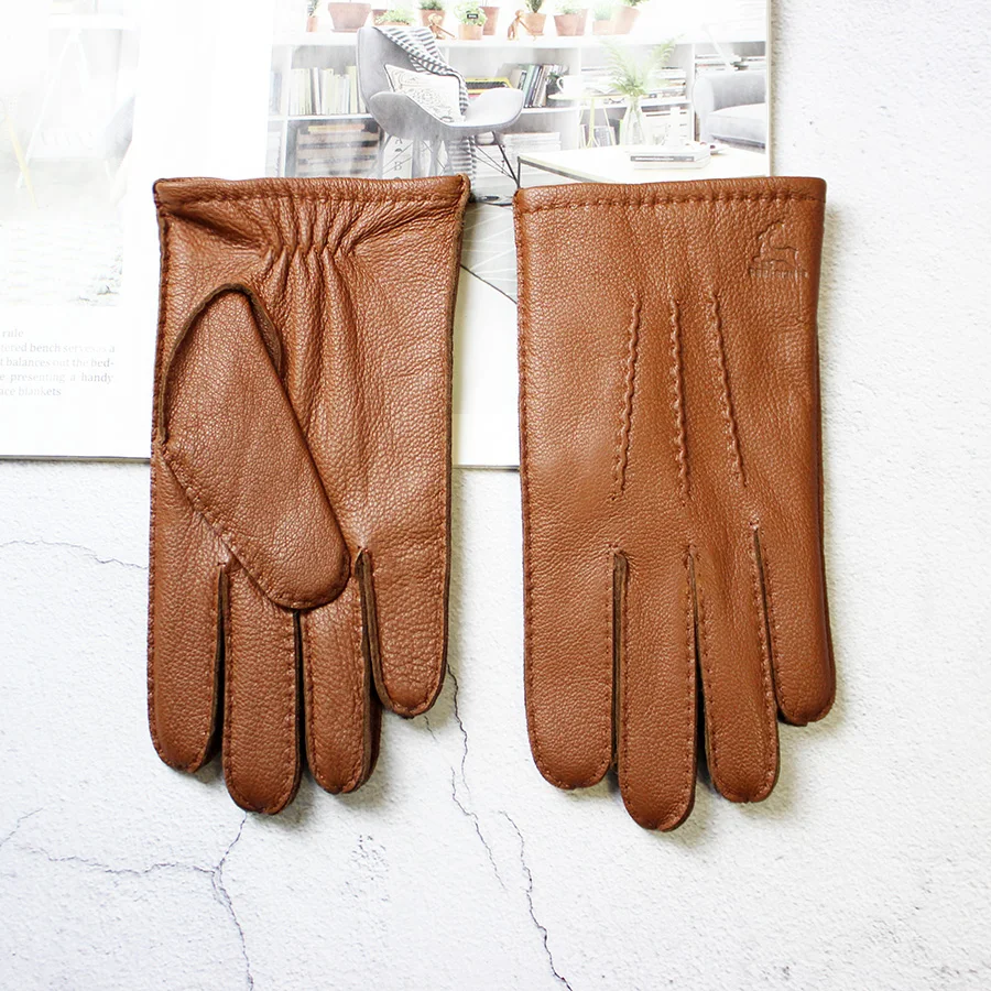 Leather Deerskin Gloves Men's Wool Lining Hand Sewn Fashion Stripe Style Warm Autumn and Winter Brown Touch Screen Split Fingers,warm gloves,leather gloves,male gloves