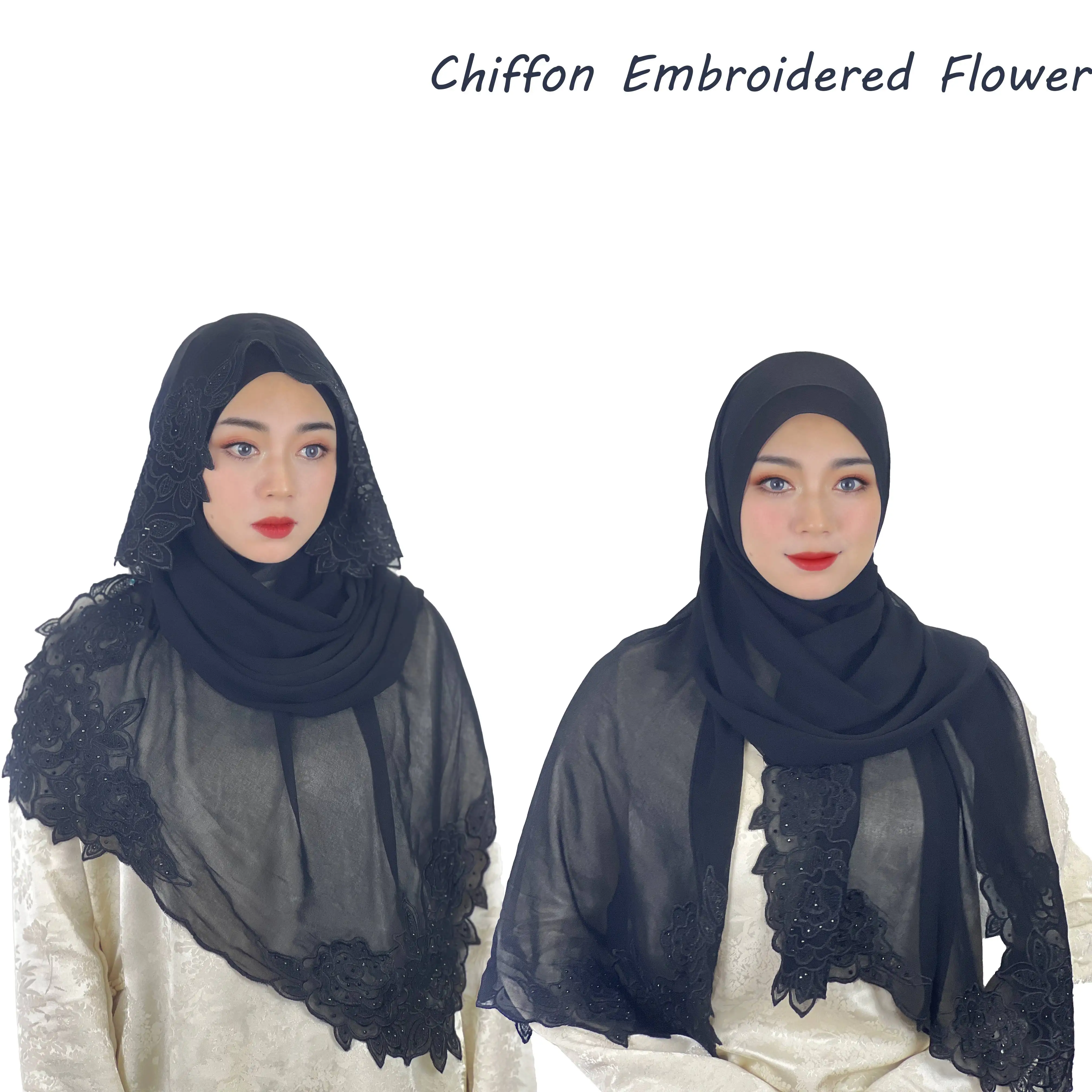 

New Shawl Elegant Temperament Chiffon Feel Warm Scarf Chiffon Embroidery Monochrome Long Scarf Female Black Windproof Sunscreen