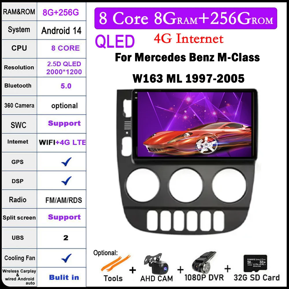 

9 дюймовый Android 14 для Mercedes Benz M-Class W163 ML 1997-2005, автомобильное радио, стерео, мультимедийный плеер, GPS-навигация