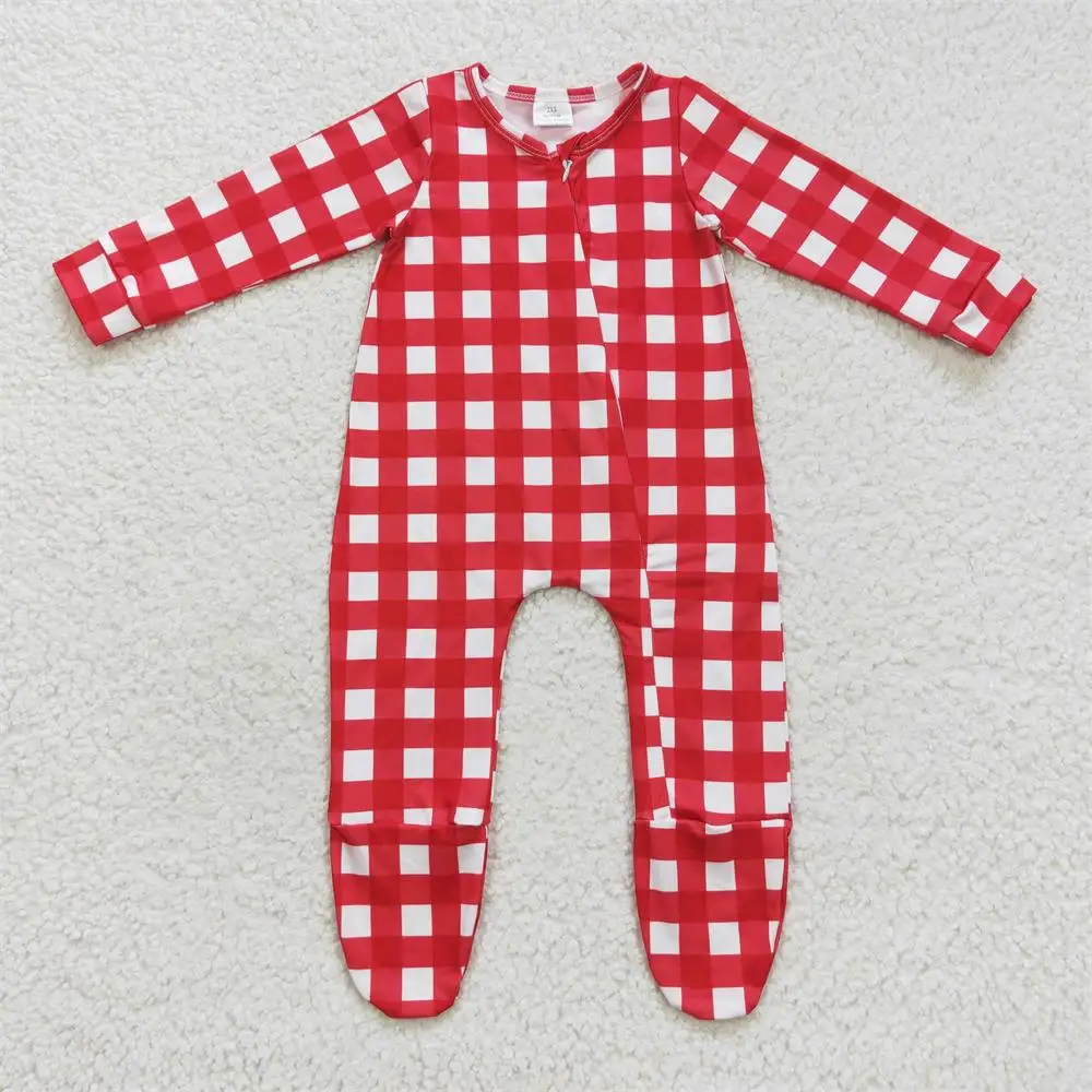 Wholesale Kids Children Newborn Toddler Zipper Footie Romper Matching Baby Boy Girl Red Plaid Long Sleeves Christmas Jumpsuit