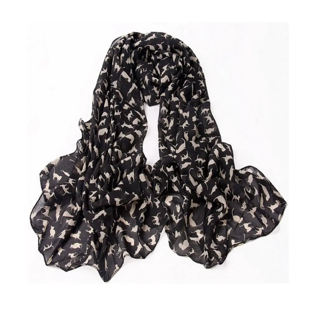 Chiffon Cartoon Cat Printed Scarf for Women and Girls