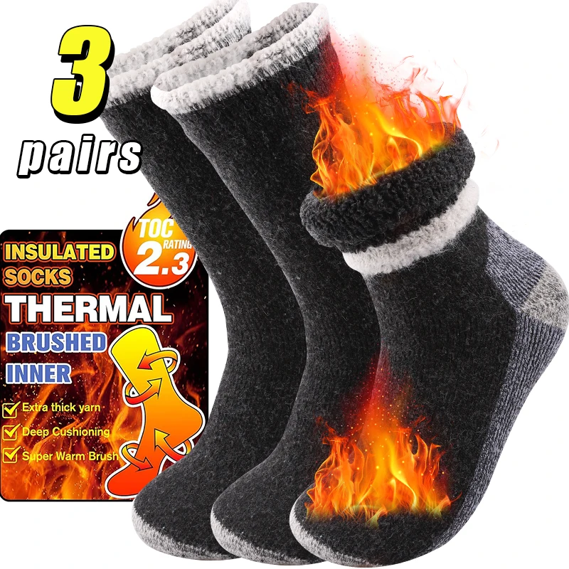 Merino Wool Socks 3Pairs Male Men Winter Thermal Cashmere Socks Fleece Terry Loop Middle Tube